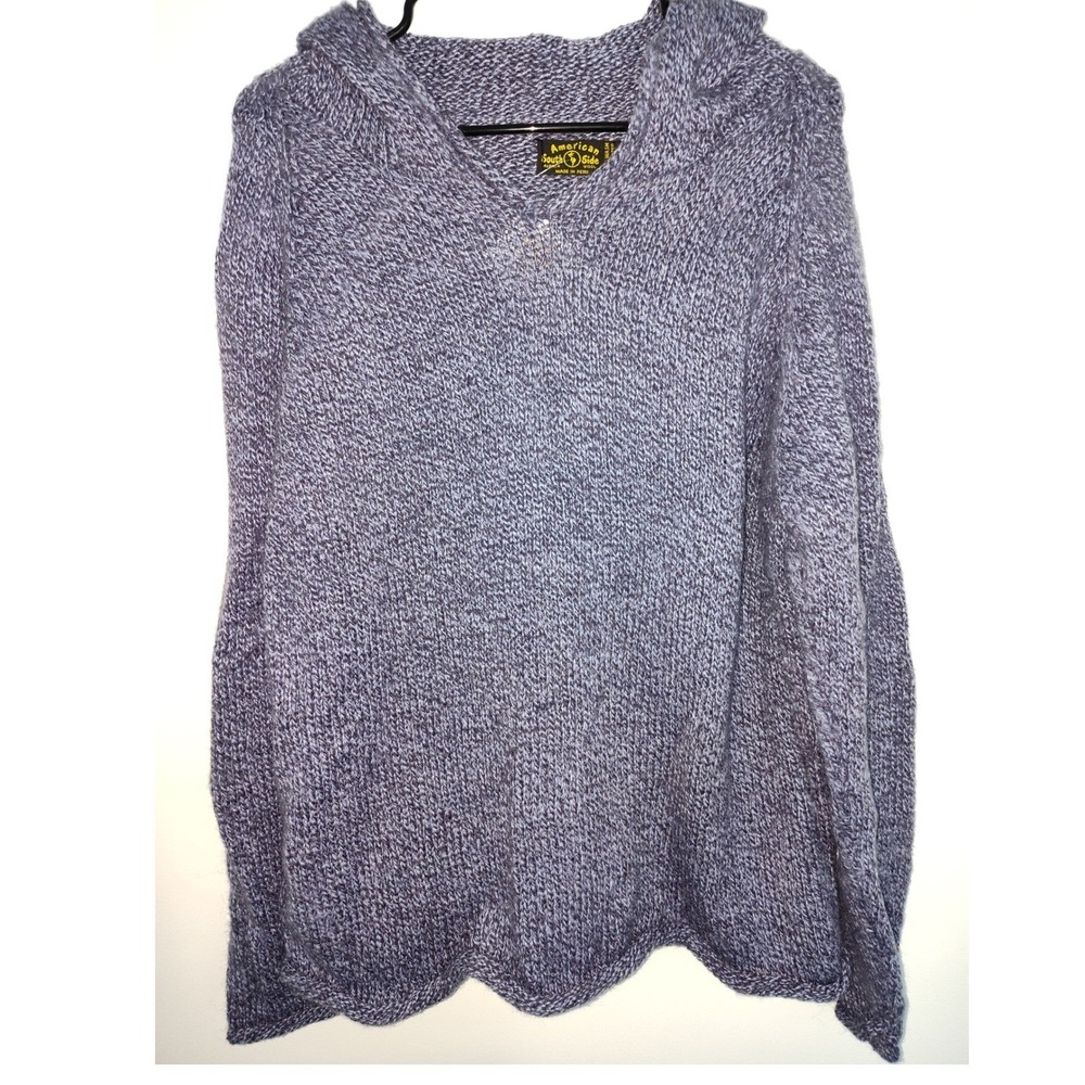 American South Side Alpaca Wool Hooded Sweater Purple Marled Knit Scallop Hem L